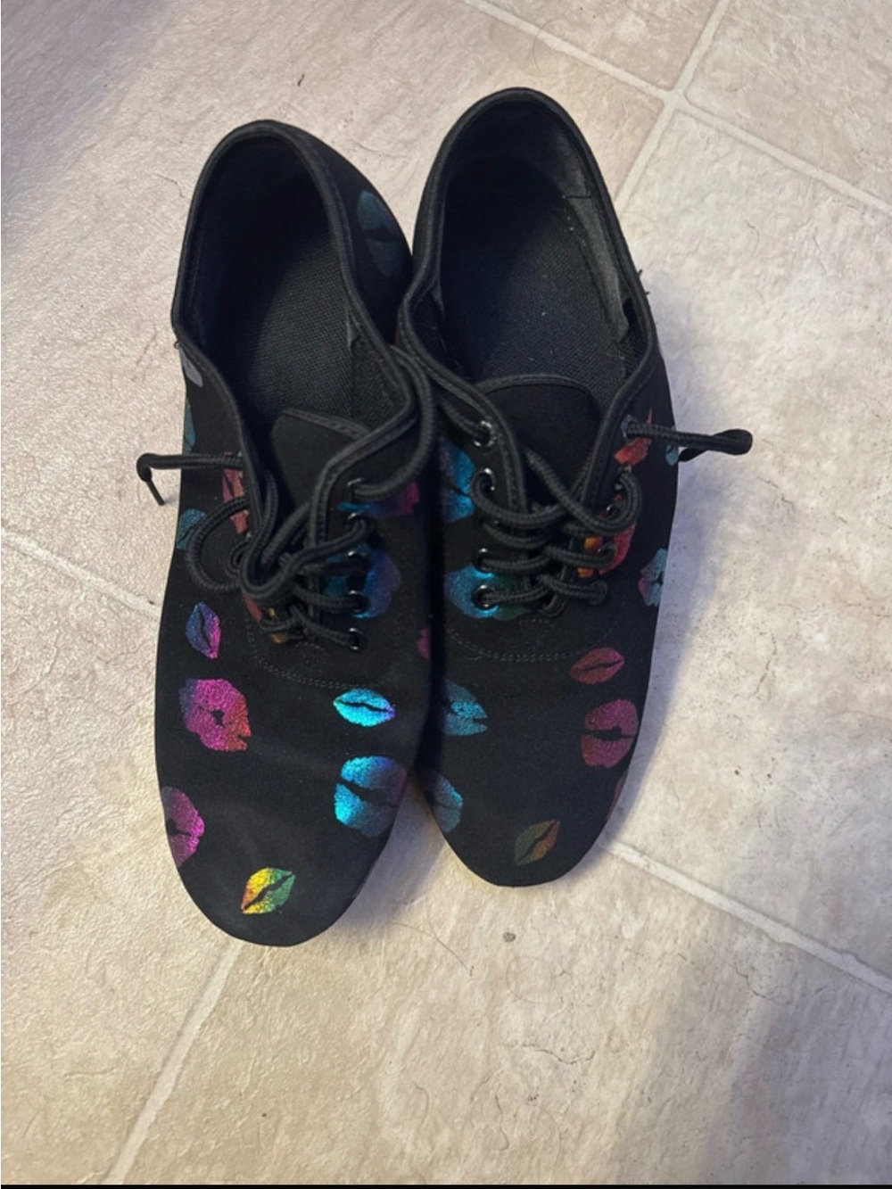 Black Canvas ballroom shoes with Iridescent Multicolor Lip Prints